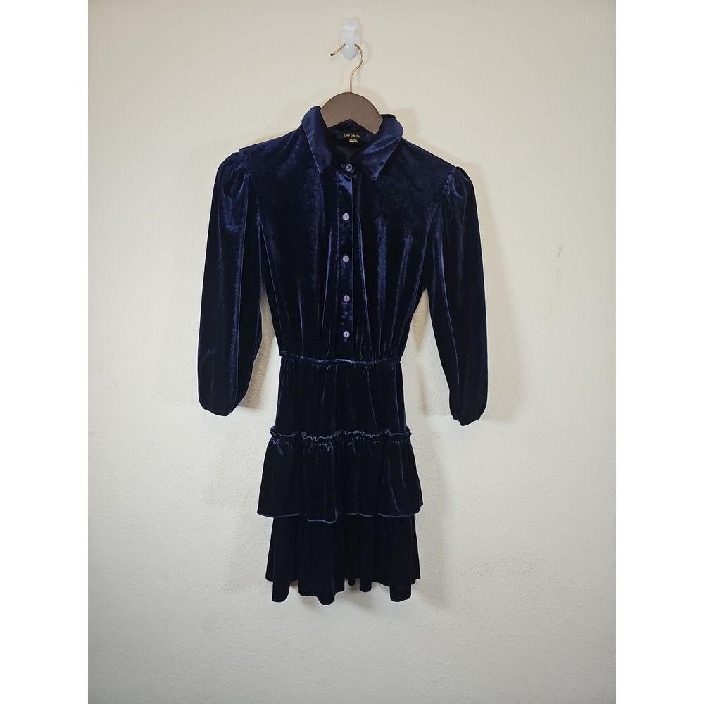 City Studio Velvet Fit & Flare Tiered Dress Size XXS Day‎ Blue Collared